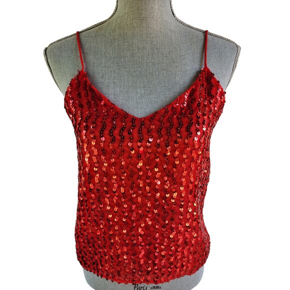 Helene Sidel Vintage 90s Red Sequin Camisole Top sz 8 Party Y2K - Picture 1 of 6